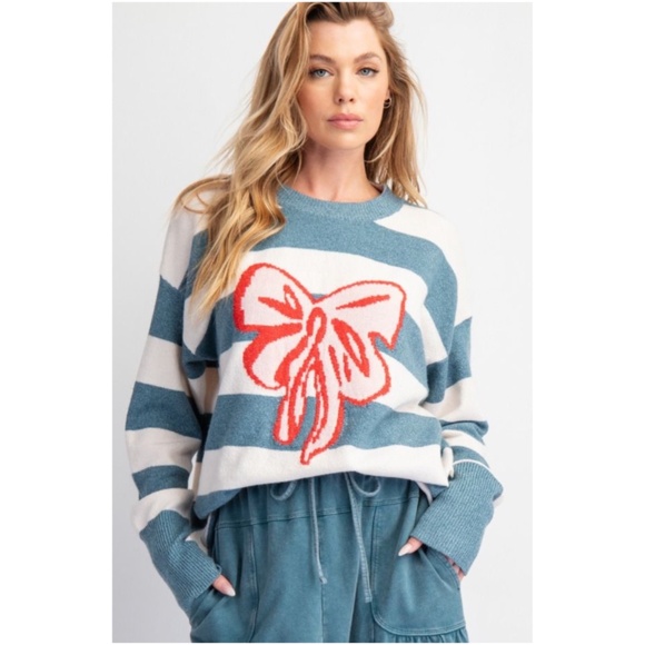 Easel Color Block Bow Loose Knit Sweater Top - Picture 1 of 5